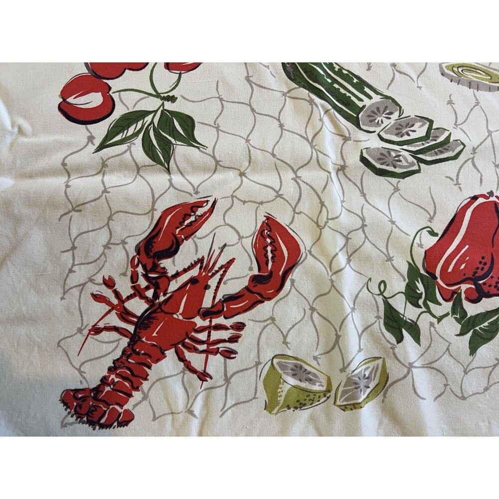Vintage 1950’s Cotton Printed Tablecloth 51”x43” Lobster Boil Tropical - Picture 2 of 5